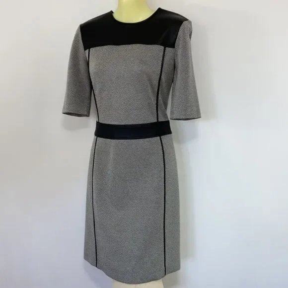 Theory Dress “Calvin Elmore” Houndstooth Leather Accent Trims NWOT Med - Picture 2 of 7